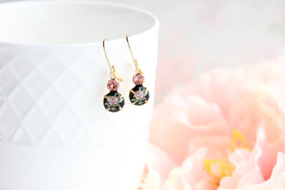Black and Pink Rose Earrings | gold lever backs
