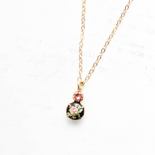 Small Pendant Necklace | Pink Rose on Black