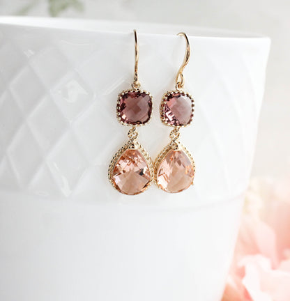Sparkle Drop Earrings | Dusty Plum and Blush Peach