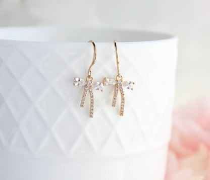 Tiny Crystal Bow Earrings | gold or silver