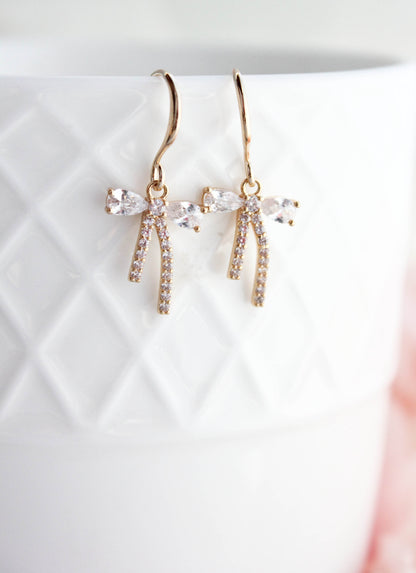 Tiny Crystal Bow Earrings | gold or silver