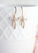 Load image into Gallery viewer, Tiny Crystal Bow Earrings | gold or silver