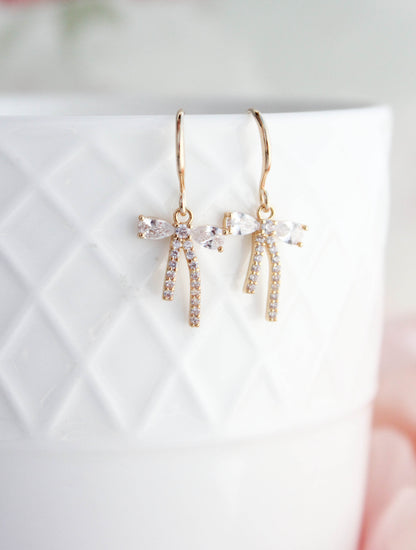 Tiny Crystal Bow Earrings | gold or silver