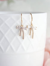 Load image into Gallery viewer, Tiny Crystal Bow Earrings | gold or silver