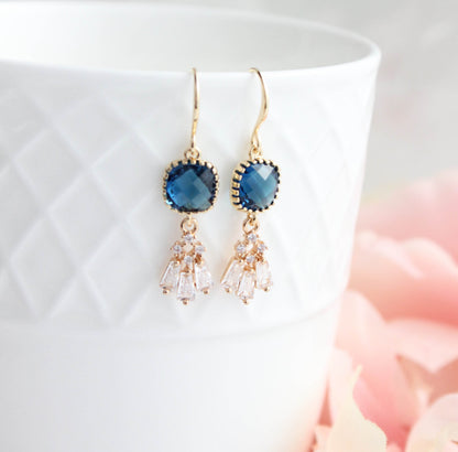 Art Deco Fan Earrings | Navy Blue Glass