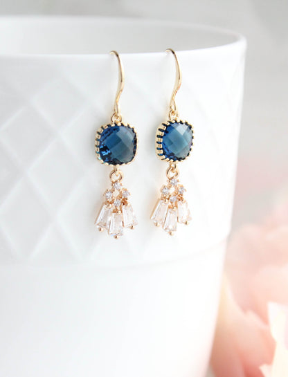 Art Deco Fan Earrings | Navy Blue Glass