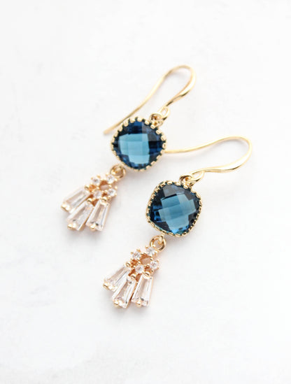 Art Deco Fan Earrings | Navy Blue Glass