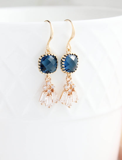 Art Deco Fan Earrings | Navy Blue Glass