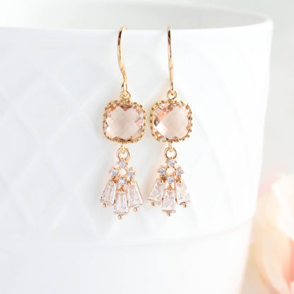 Peach Blush Glass with Crystal fan drop Earrings. Gold and glass earrings. Nickel free and hypoallergenic. 