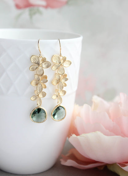 Cascading Orchid Earrings | Gold and Tourmalin Green Glass
