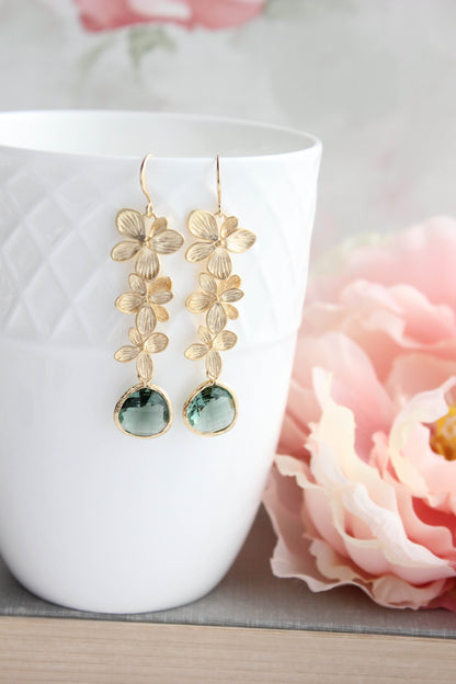 Cascading Orchid Earrings | Gold and Tourmalin Green Glass
