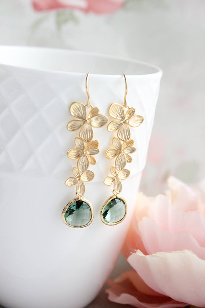 Cascading Orchid Earrings | Gold and Tourmalin Green Glass