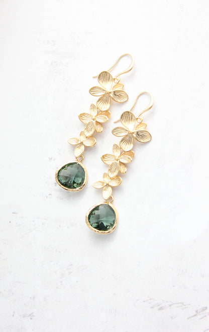 Cascading Orchid Earrings | Gold and Tourmalin Green Glass