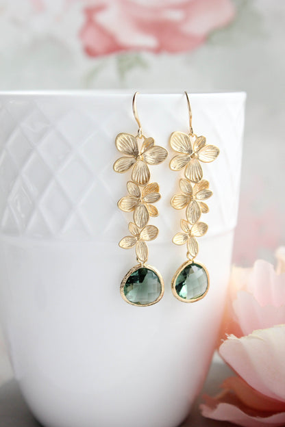 Cascading Orchid Earrings | Gold and Tourmalin Green Glass