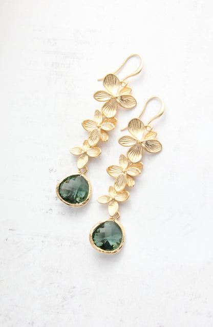 Cascading Orchid Earrings | Gold and Tourmalin Green Glass