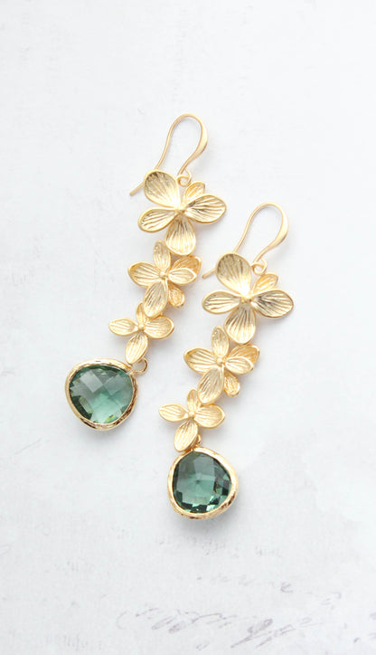 Cascading Orchid Earrings | Gold and Tourmalin Green Glass