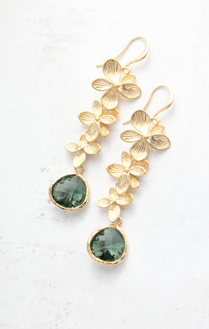 Cascading Orchid Earrings | Gold and Tourmalin Green Glass