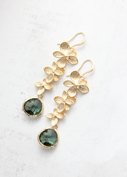 Cascading Orchid Earrings | Gold and Tourmalin Green Glass