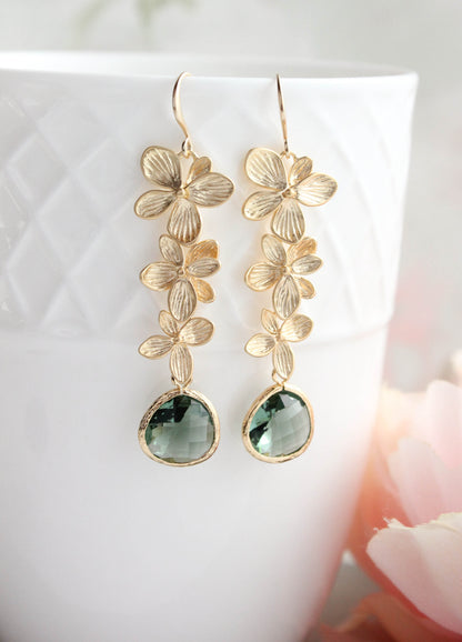 Cascading Orchid Earrings | Gold and Tourmalin Green Glass