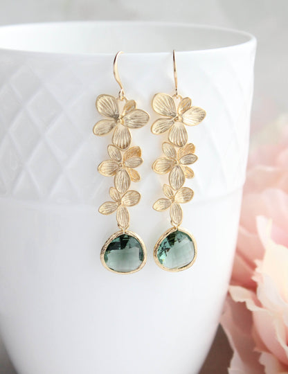 Cascading Orchid Earrings | Gold and Tourmalin Green Glass