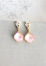 Load image into Gallery viewer, Art Deco Pink Glass Earrings | Cubic Zirconia Leaf Studs