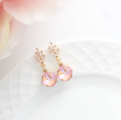 Art Deco Pink Glass Earrings | Cubic Zirconia Leaf Studs