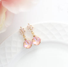 Load image into Gallery viewer, Art Deco Pink Glass Earrings | Cubic Zirconia Leaf Studs