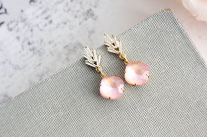Art Deco Pink Glass Earrings | Cubic Zirconia Leaf Studs