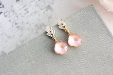 Load image into Gallery viewer, Art Deco Pink Glass Earrings | Cubic Zirconia Leaf Studs