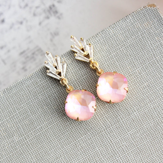 Art Deco Pink Glass Earrings | Cubic Zirconia Leaf Studs