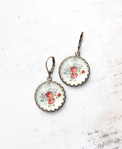 Red Rose Earrings | Vintage Style Botanical Earrings