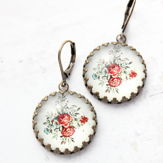 Red Rose Earrings | Vintage Style Botanical Earrings