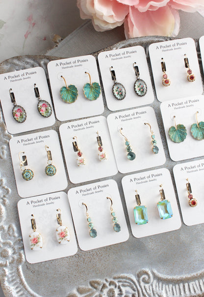 Floral Earrings | Vintage Style Botanical | Oval Domed Cab
