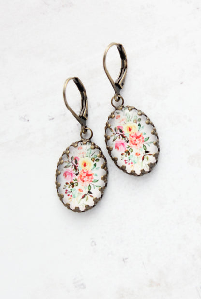 Floral Earrings | Vintage Style Botanical | Oval Domed Cab