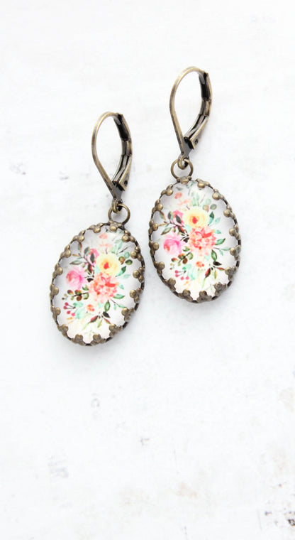 Floral Earrings | Vintage Style Botanical | Oval Domed Cab