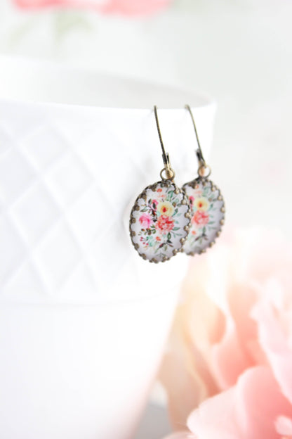 Floral Earrings | Vintage Style Botanical | Oval Domed Cab