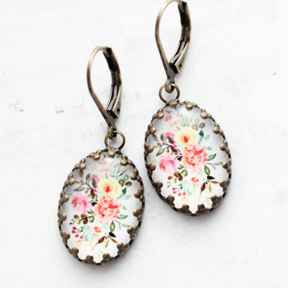 Floral Earrings | Vintage Style Botanical | Oval Domed Cab