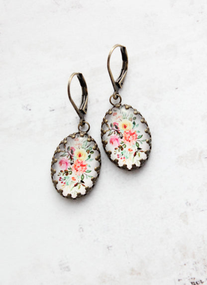 Floral Earrings | Vintage Style Botanical | Oval Domed Cab