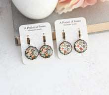 Load image into Gallery viewer, Floral Earrings | Flowers and Leaves | Aqua Mint Glass Cab