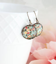 Load image into Gallery viewer, Floral Earrings | Flowers and Leaves | Aqua Mint Glass Cab