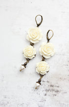 Load image into Gallery viewer, Long Cream Rose Earrings with pearl drops