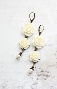 Long Cream Rose Earrings with pearl drops