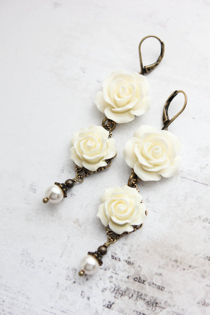 Long Cream Rose Earrings with pearl drops