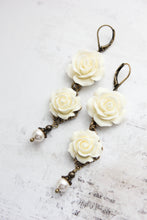 Load image into Gallery viewer, Long Cream Rose Earrings with pearl drops