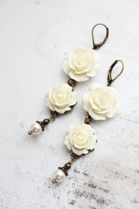 Long Cream Rose Earrings with pearl drops