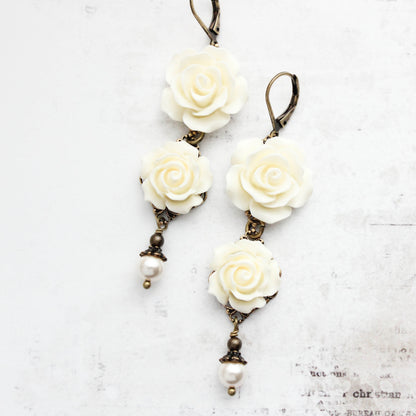 Long Cream Rose Earrings with pearl drops