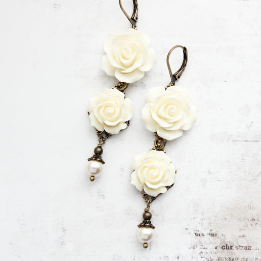 Long Cream Rose Earrings with pearl drops