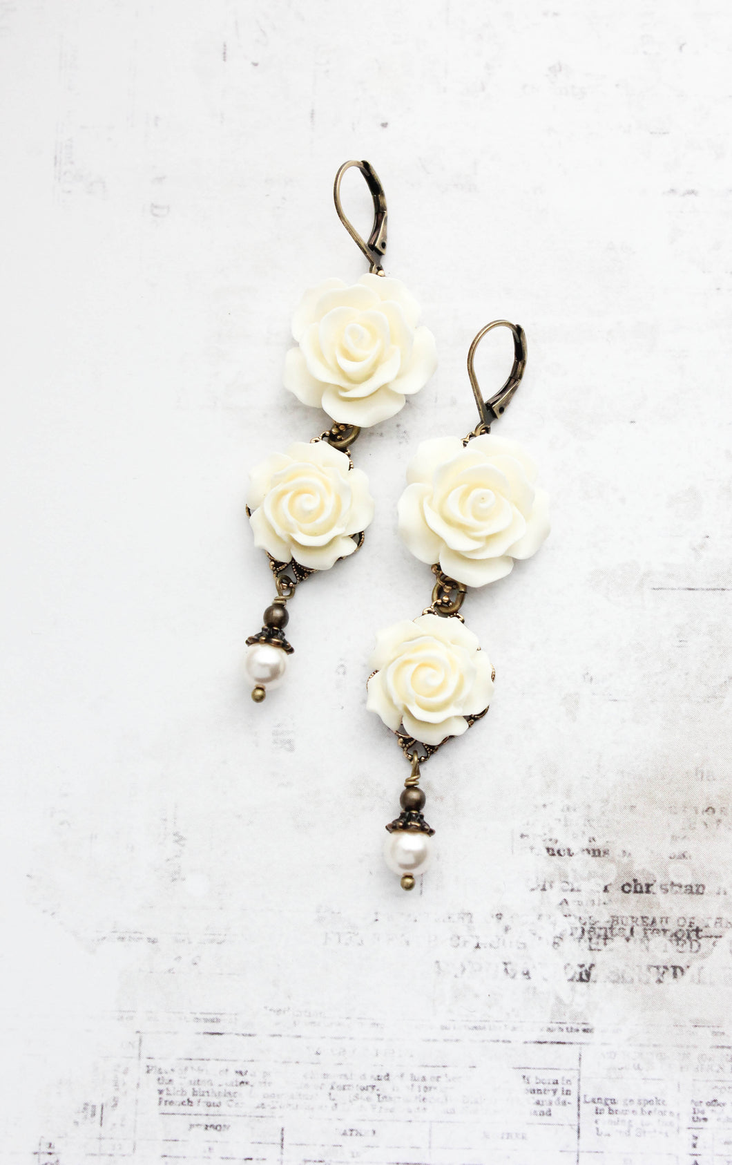 Long Cream Rose Earrings with pearl drops