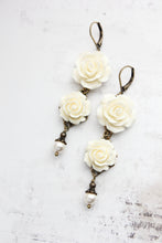 Load image into Gallery viewer, Long Cream Rose Earrings with pearl drops
