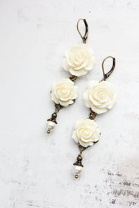 Long Cream Rose Earrings with pearl drops